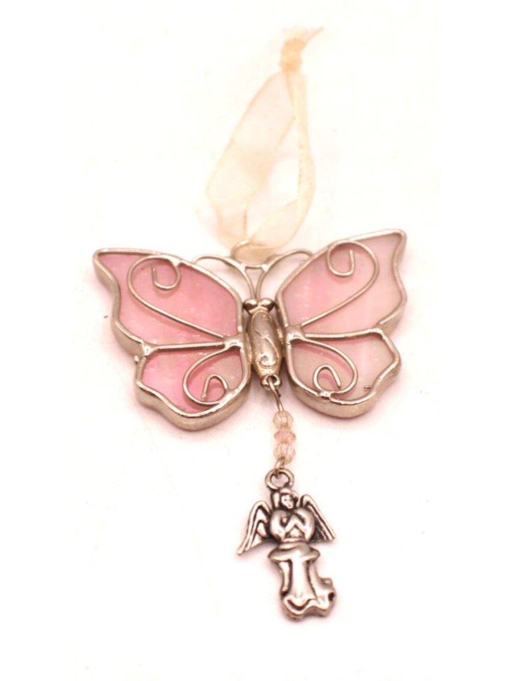 Pink Stained Glass Butterfly Suncatcher Guardian Angel Charm Hanging Ornament